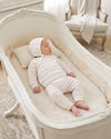 Carriage Boutique newborn 3-piece set with white and blush pink striped knit top, leggings, and matching baby bonnet.