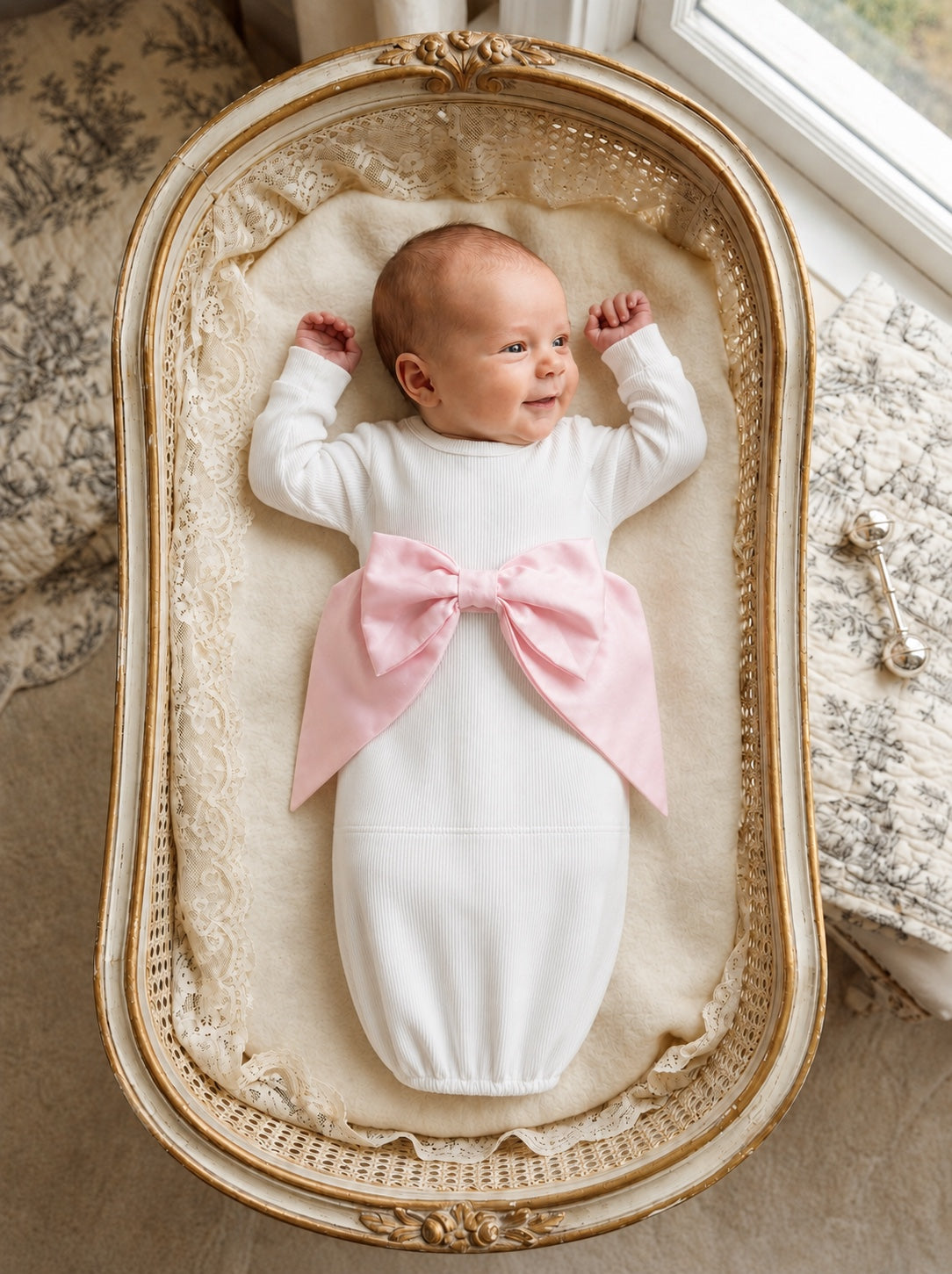 Carriage Boutique newborn baby girl in a white cotton swaddle bag featuring a large pink ribbon bow