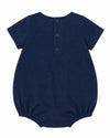 Carriage Boutique navy blue bubble romper with short sleeves and Peter Pan collar embroidered with Noah's Ark scene.