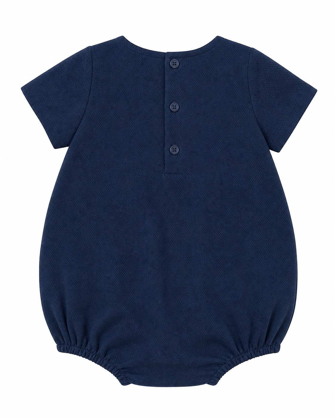 Carriage Boutique navy blue bubble romper with short sleeves and Peter Pan collar embroidered with Noah's Ark scene.