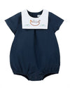 Carriage Boutique navy blue bubble romper with white Peter Pan collar embroidered with Noah's Ark and animals.