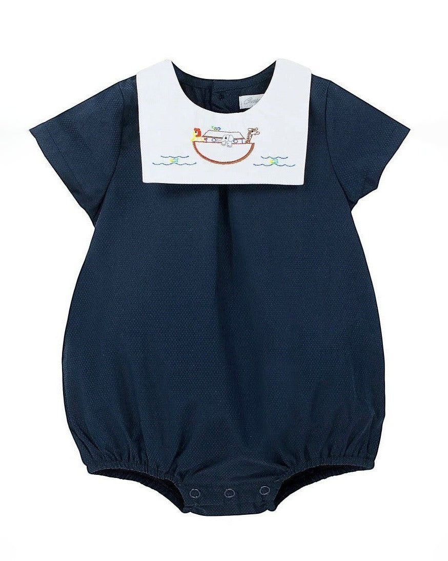 Carriage Boutique navy blue bubble romper with white Peter Pan collar embroidered with Noah's Ark and animals.