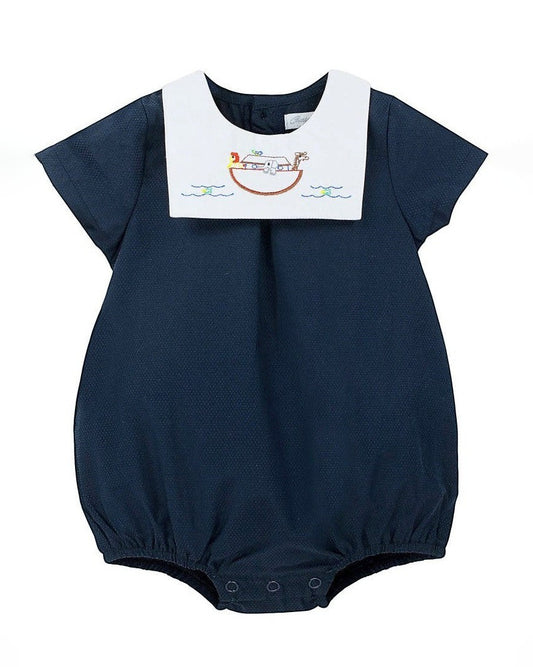 Carriage Boutique navy blue bubble romper with white Peter Pan collar embroidered with Noah's Ark and animals.