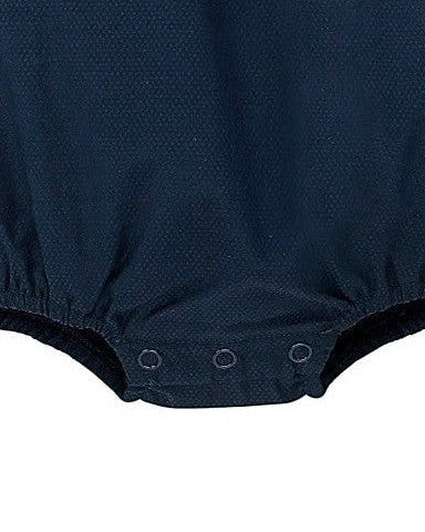 Carriage Boutique navy blue bubble romper with Peter Pan collar embroidered with Noah's Ark scene. Textured fabric, short sleeves, snap closure.