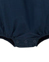 Carriage Boutique navy blue bubble romper with Peter Pan collar embroidered with Noah's Ark scene. Textured fabric, short sleeves, snap closure.