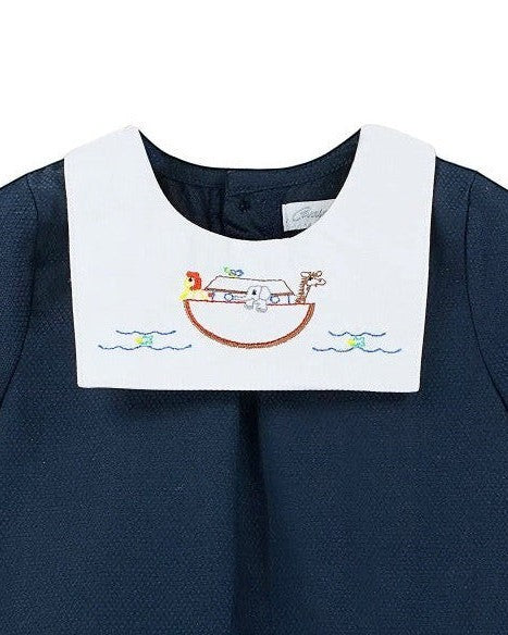 Carriage Boutique navy blue bubble romper with white Peter Pan collar embroidered with Noah's Ark and animals.