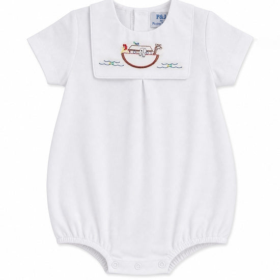 Carriage Boutique white bubble romper with Peter Pan collar embroidered with Noah's Ark and animals.