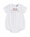 Carriage Boutique white bubble romper with Peter Pan collar embroidered with Noah's Ark and animals.