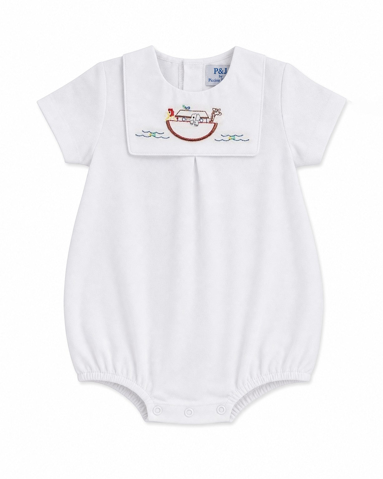 Carriage Boutique white bubble romper with Peter Pan collar embroidered with Noah's Ark and animals.