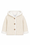 Carriage Boutique off-white knit cotton baby jacket with a cozy sherpa-lined hood and three front buttons.