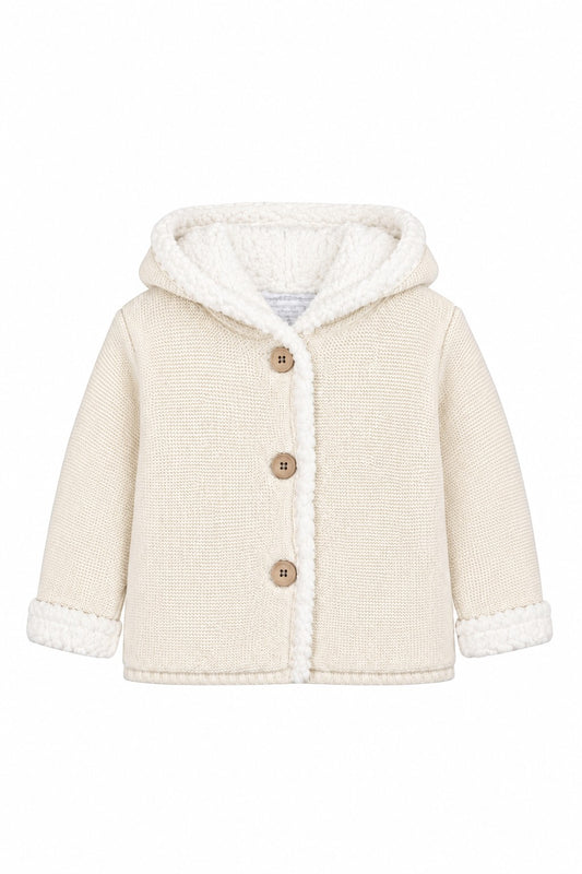 Carriage Boutique off-white knit cotton baby jacket with a cozy sherpa-lined hood and three front buttons.