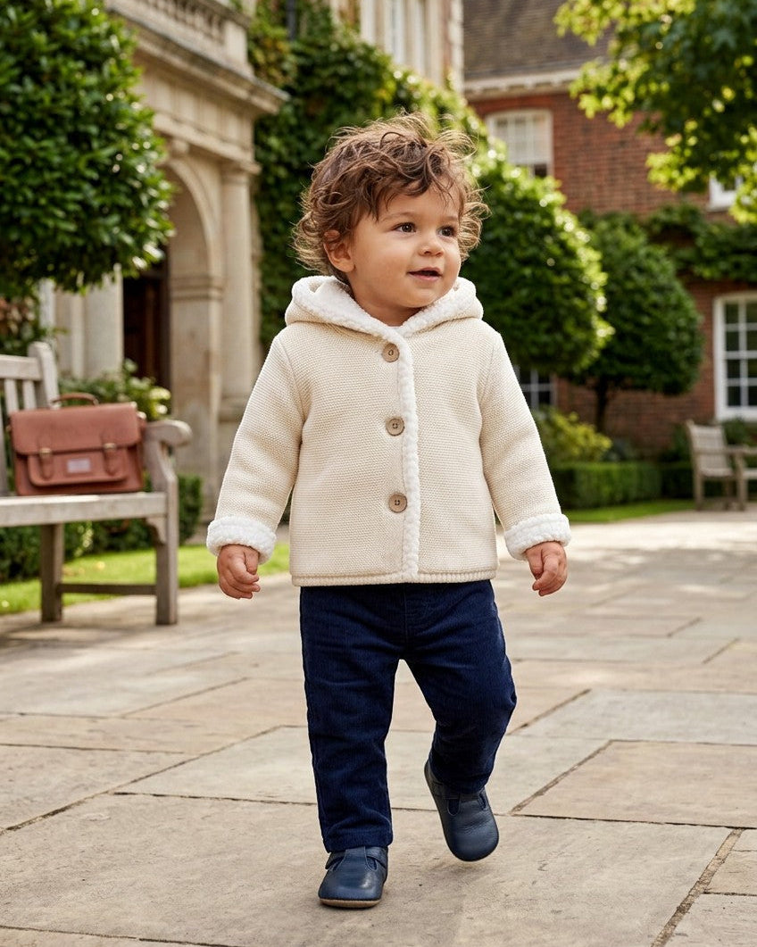 Toddler wearing a Carriage Boutique off-white knit cotton hooded jacket with sherpa lining and front button closure.