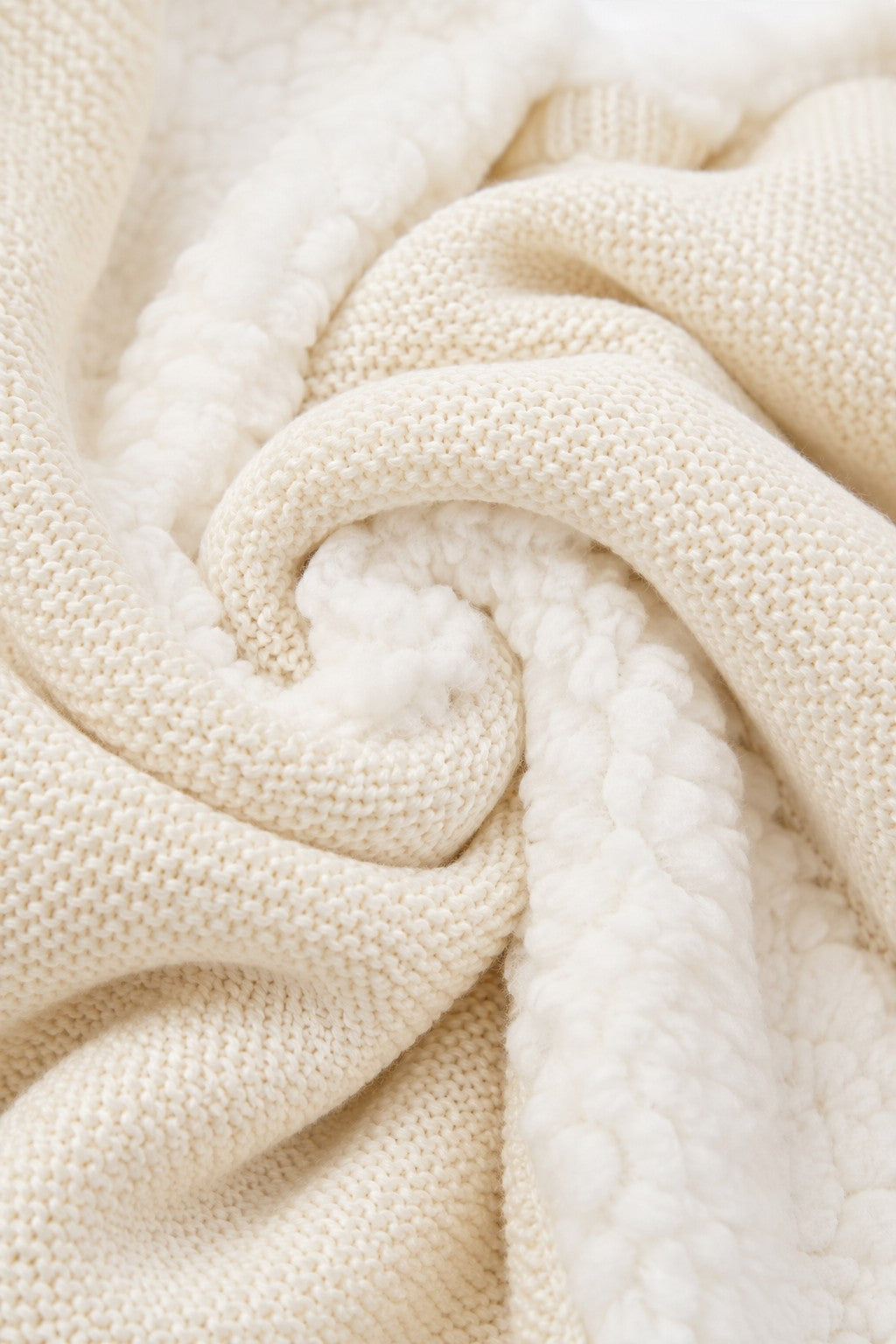 Close-up of Carriage Boutique off-white knit cotton fabric with soft white sherpa lining for a baby jacket