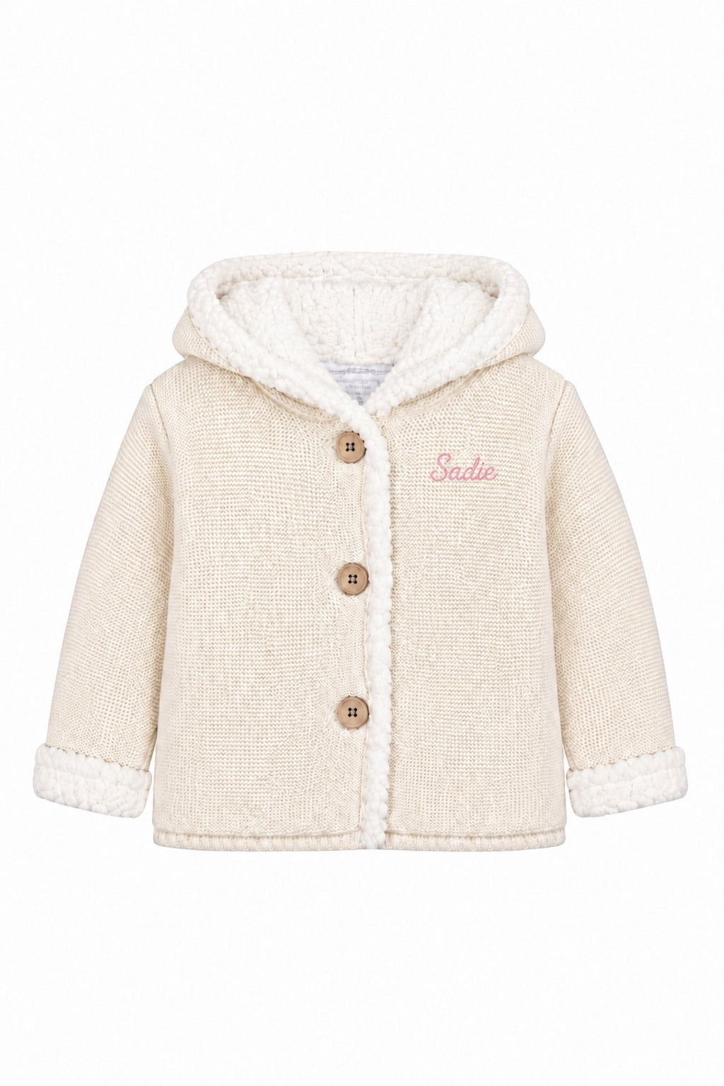 Carriage Boutique off-white knit cotton baby jacket with sherpa lining, hood, and three front buttons.