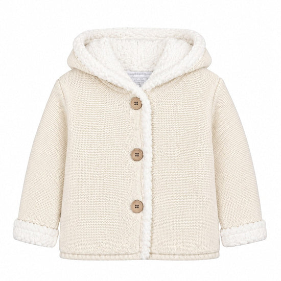 Carriage Boutique off-white knit cotton baby jacket with a cozy sherpa-lined hood and three front button closures.