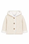 Carriage Boutique off-white knit cotton baby jacket with a cozy sherpa-lined hood and three front button closures.
