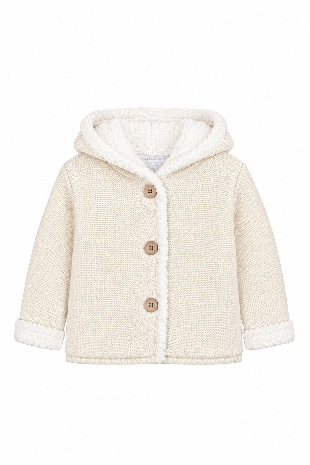 Carriage Boutique off-white knit cotton baby jacket with a cozy sherpa-lined hood and three front button closures.