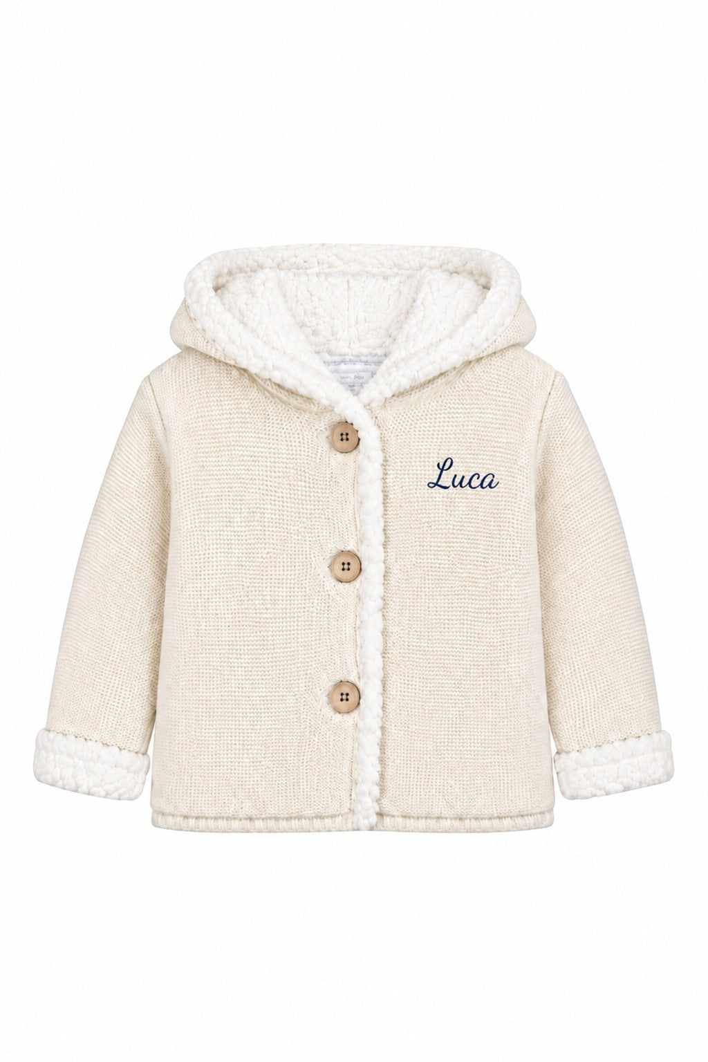 Carriage Boutique off-white knit cotton baby jacket with sherpa lining, hood, three buttons, and Luca monogram.