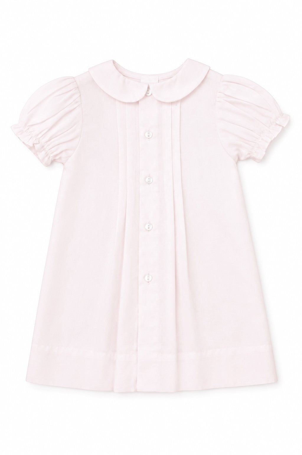 Carriage Boutique pale pink baby dress with Peter Pan collar, puff sleeves, and button-down front.