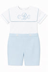 Carriage Boutique personalized white and light blue cotton bobby suit with embroidered monogram for baby boys