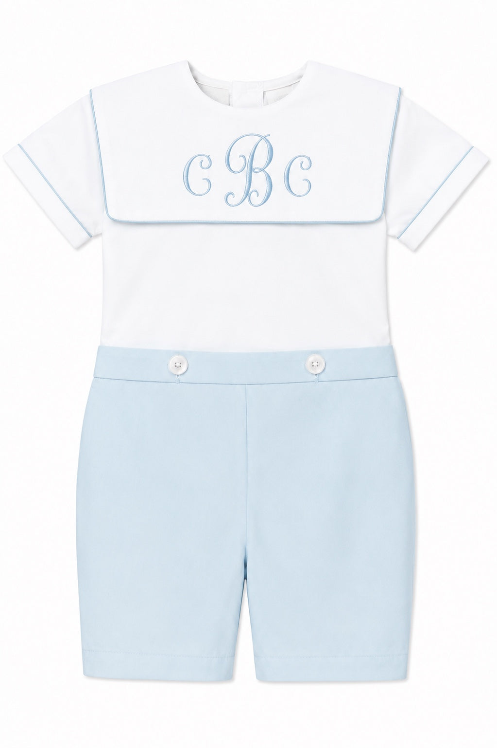 Carriage Boutique personalized white and light blue cotton bobby suit with embroidered monogram for baby boys