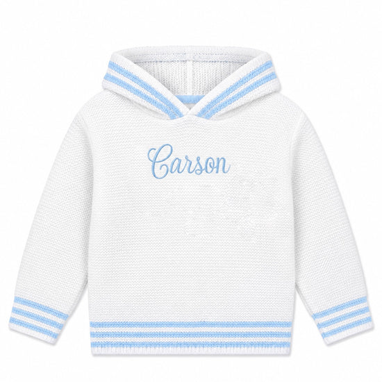 Carriage Boutique white cotton baby boy hooded sweater with blue striped trim and personalized name embroidery