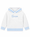 Carriage Boutique white cotton baby boy hooded sweater with blue striped trim and personalized name embroidery