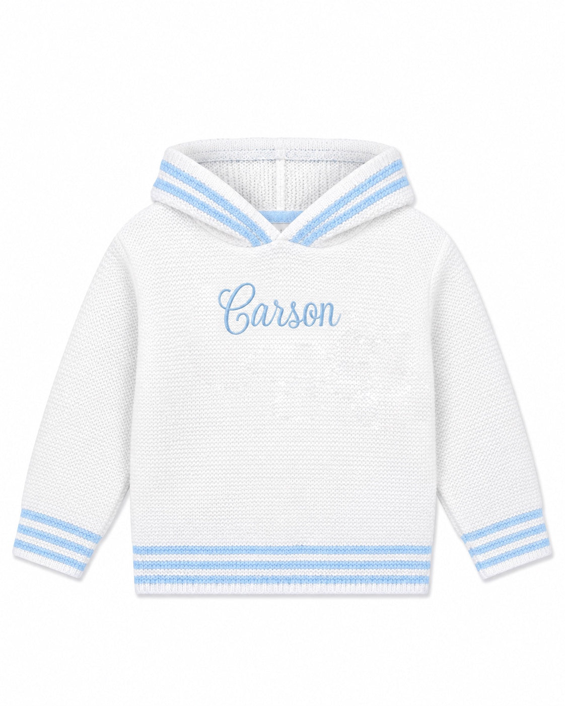 Carriage Boutique white cotton baby boy hooded sweater with blue striped trim and personalized name embroidery