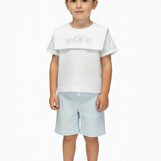 Carriage Boutique personalized white and light blue cotton bobby suit with sailor collar on a young boy