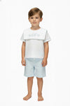 Carriage Boutique personalized white and light blue cotton bobby suit with sailor collar on a young boy
