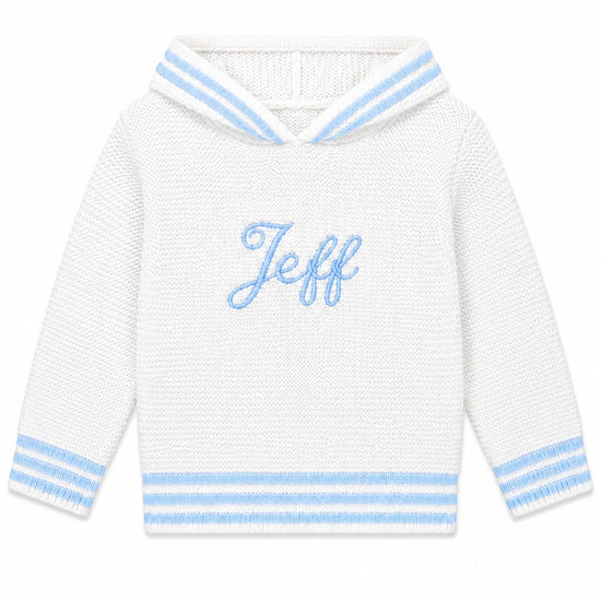 Carriage Boutique personalized white cotton baby boy hooded sweater with blue striped trim and embroidered name Jeff