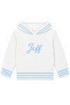 Carriage Boutique personalized white cotton baby boy hooded sweater with blue striped trim and embroidered name Jeff
