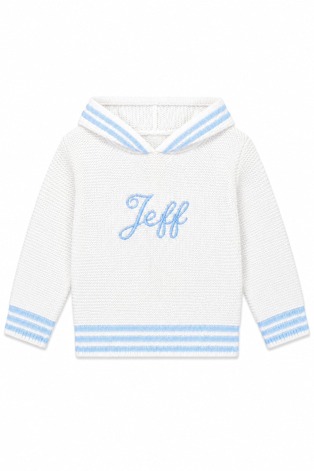 Carriage Boutique personalized white cotton baby boy hooded sweater with blue striped trim and embroidered name Jeff