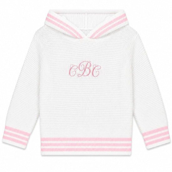 Carriage Boutique white knit baby girl sweater with pink striped hood and cuffs and personalized monogram embroidery