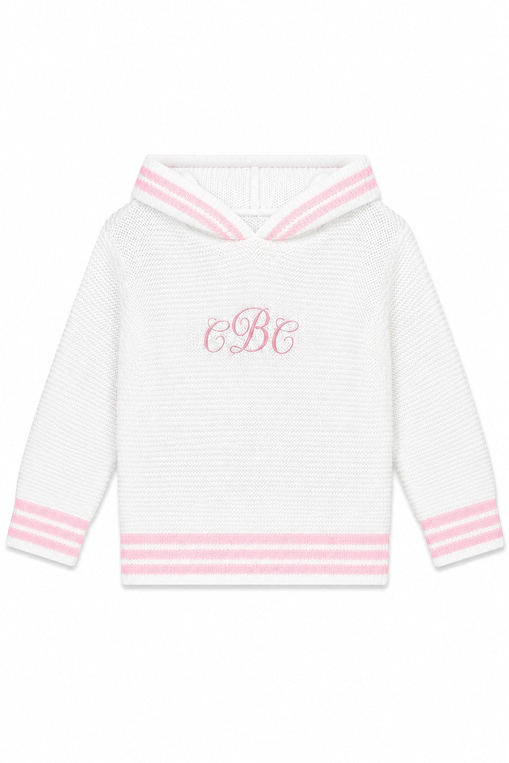 Carriage Boutique white knit baby girl sweater with pink striped hood and cuffs and personalized monogram embroidery