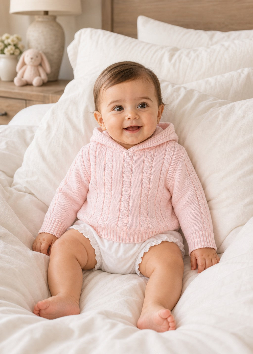 Carriage Boutique baby wearing a soft pink cotton cable knit hooded sweater while sitting on a white bed.