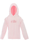 Carriage Boutique pink cable knit cotton baby sweater with a hood and personalized monogram embroidery on the chest.