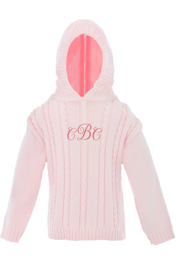 Carriage Boutique pink cable knit cotton baby sweater with a hood and personalized monogram embroidery on the chest.