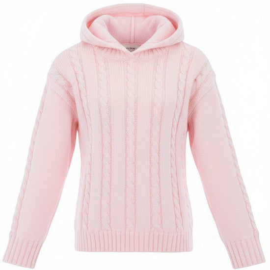 Carriage Boutique personalized pink cotton cable knit baby sweater with a cozy hood and long sleeves.