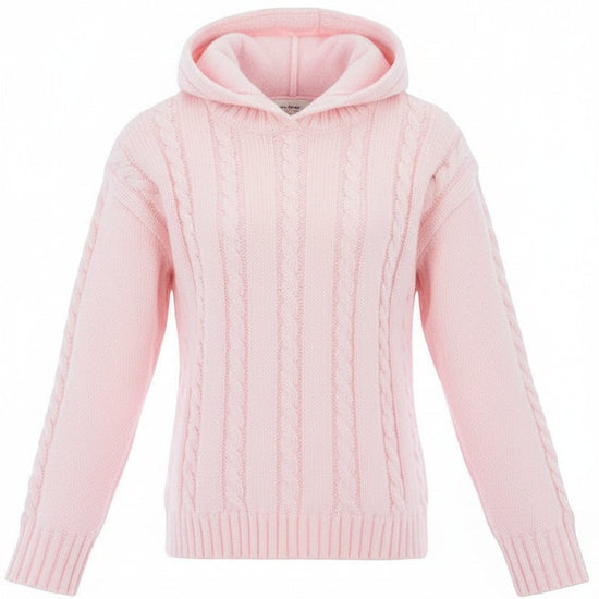 Carriage Boutique pink cable knit baby sweater with a cozy hood and long sleeves in soft 100% cotton.