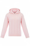 Carriage Boutique pink cable knit baby sweater with a cozy hood and long sleeves in soft 100% cotton.