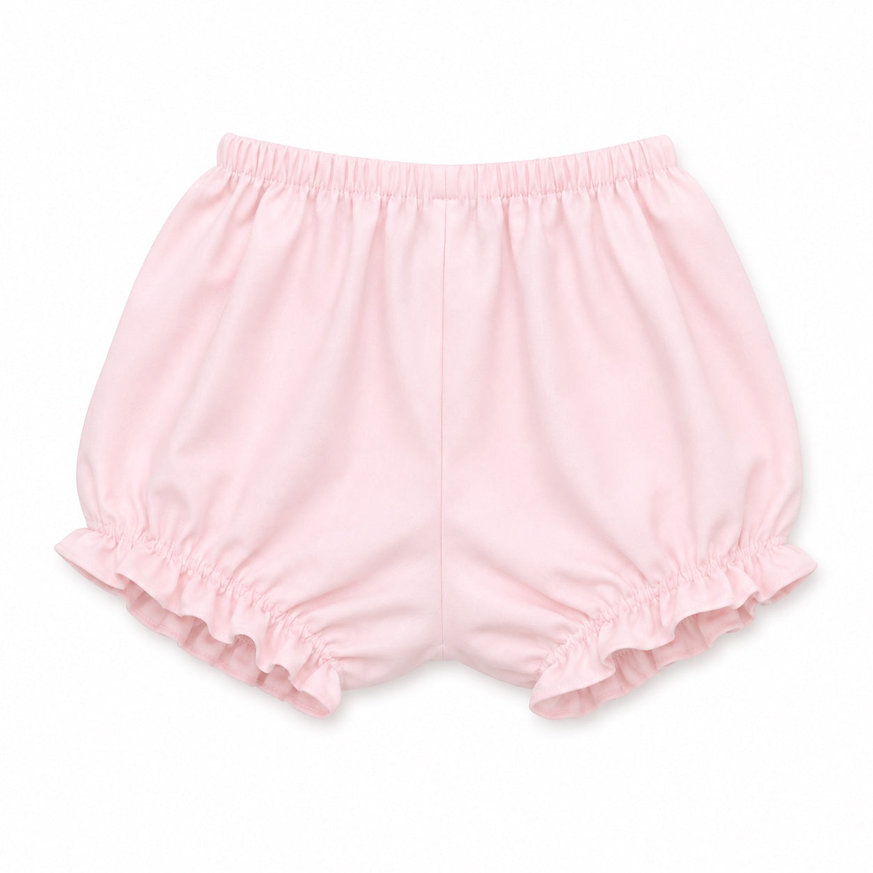 Carriage Boutique light pink cotton baby bloomers with ruffled leg openings on a white background