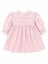 Carriage Boutique light pink cotton baby dress with long puffy sleeves, delicate lace collar, and hand embroidery.