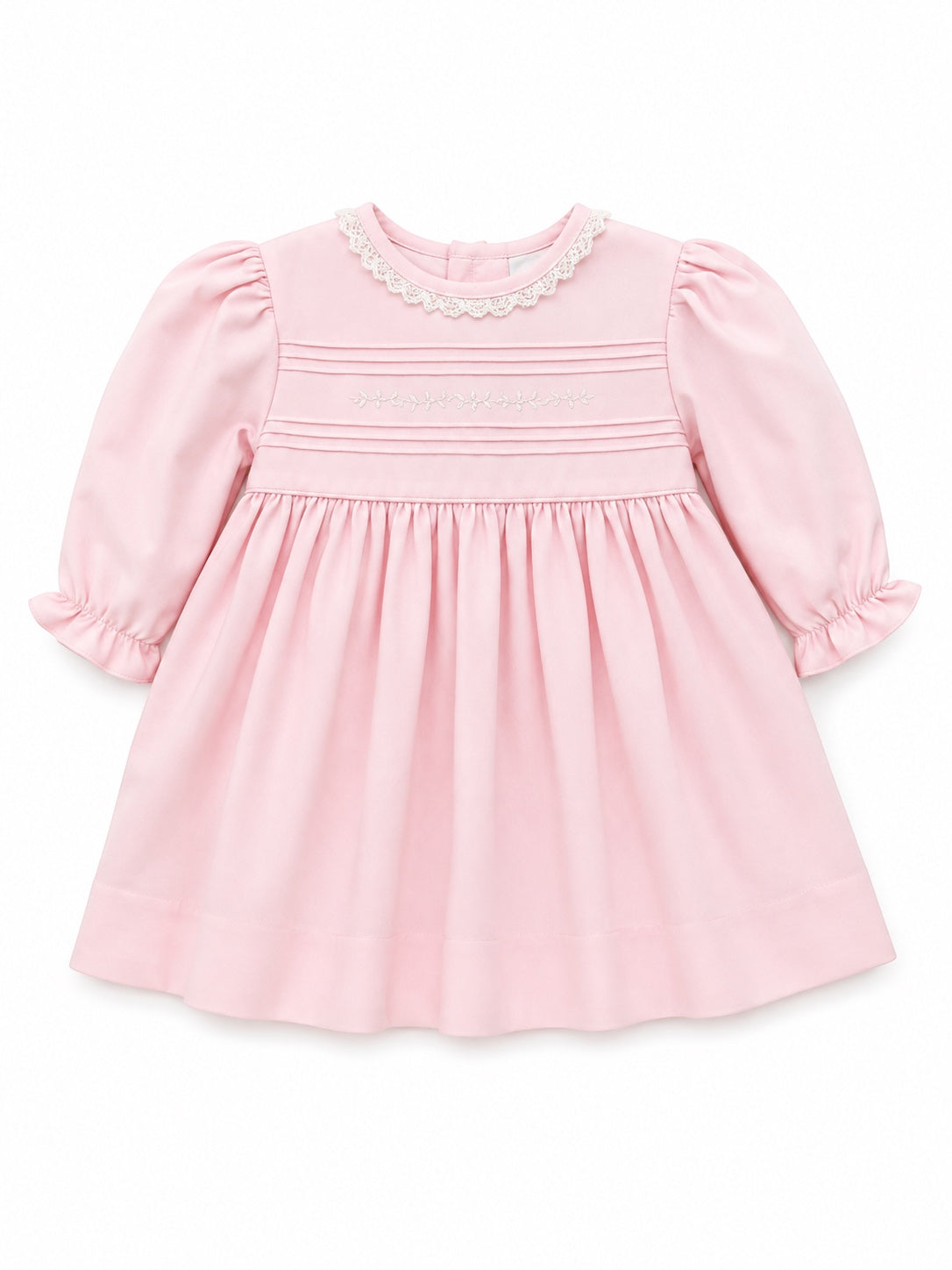 Carriage Boutique light pink cotton baby dress with long puffy sleeves, delicate lace collar, and hand embroidery.