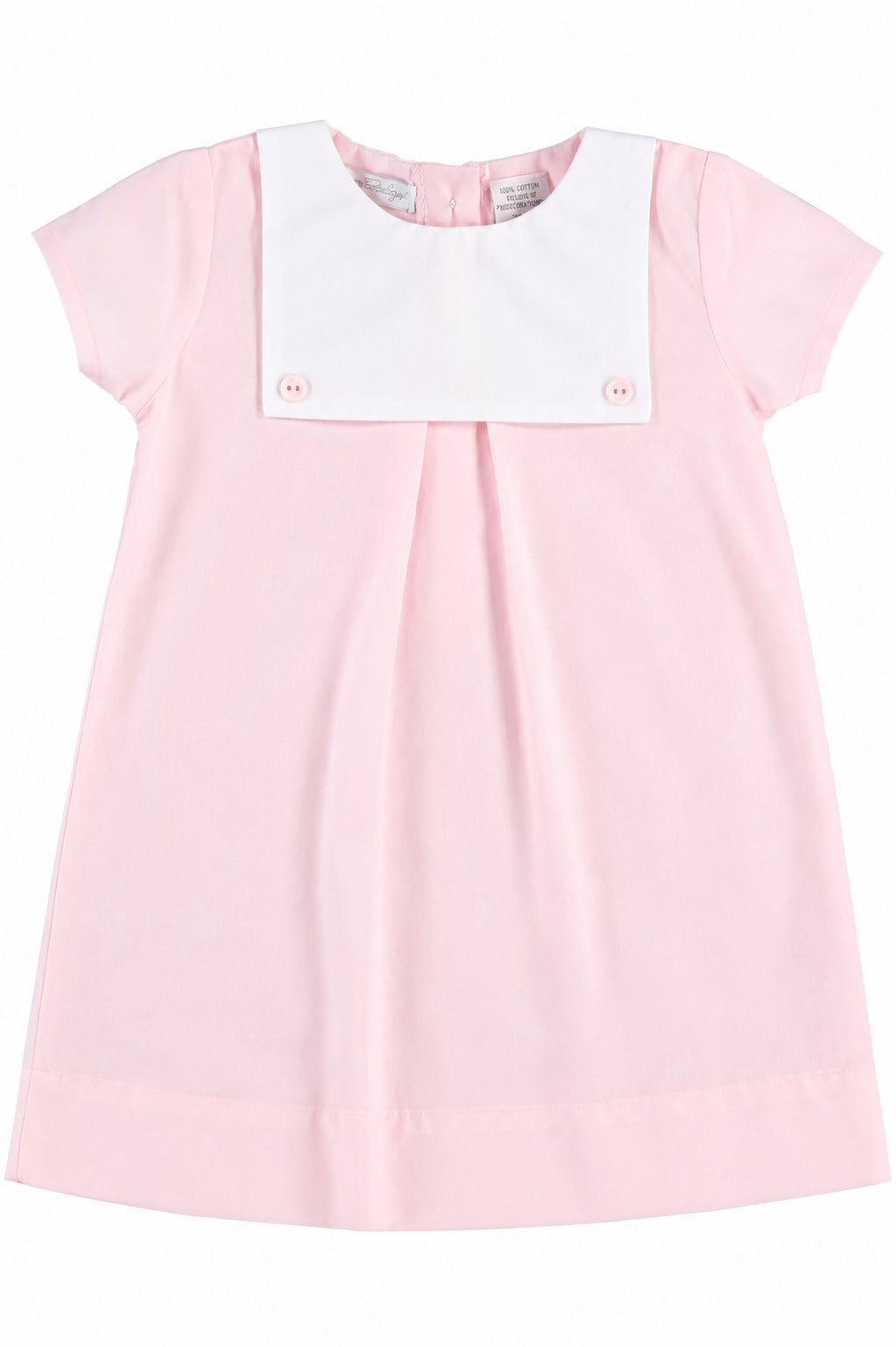 Carriage Boutique personalized baby girl dress in light pink cotton with a white button bib and short sleeves.