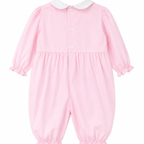 Carriage Boutique baby girl longall in soft pink cotton with a white peter pan collar and back button closure