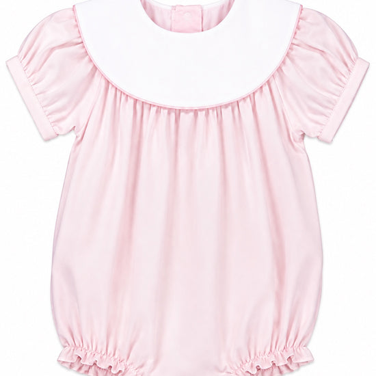 Carriage Boutique light pink cotton bubble romper with puff sleeves and a white Peter Pan collar for baby girls.