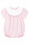 Carriage Boutique light pink cotton bubble romper with puff sleeves and a white Peter Pan collar for baby girls.