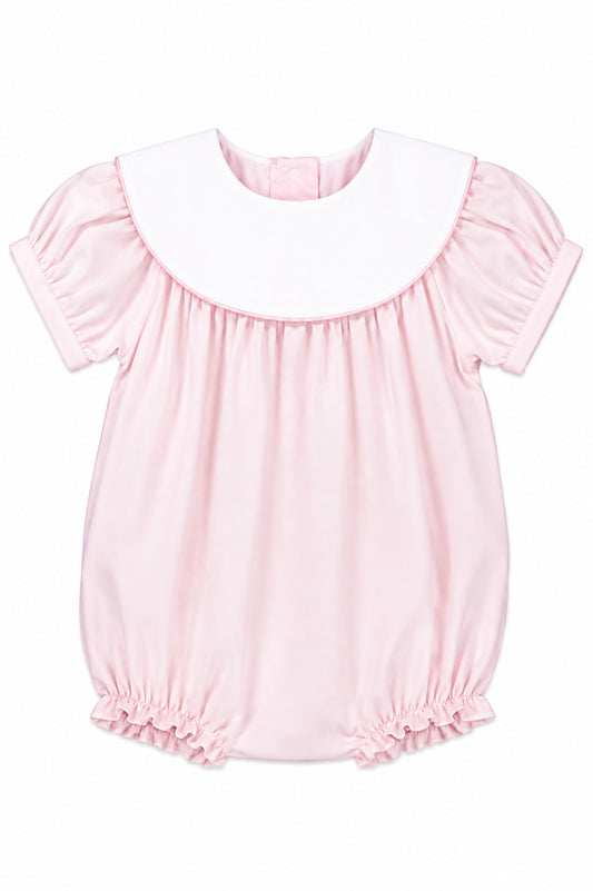 Carriage Boutique light pink cotton bubble romper with puff sleeves and a white Peter Pan collar for baby girls.