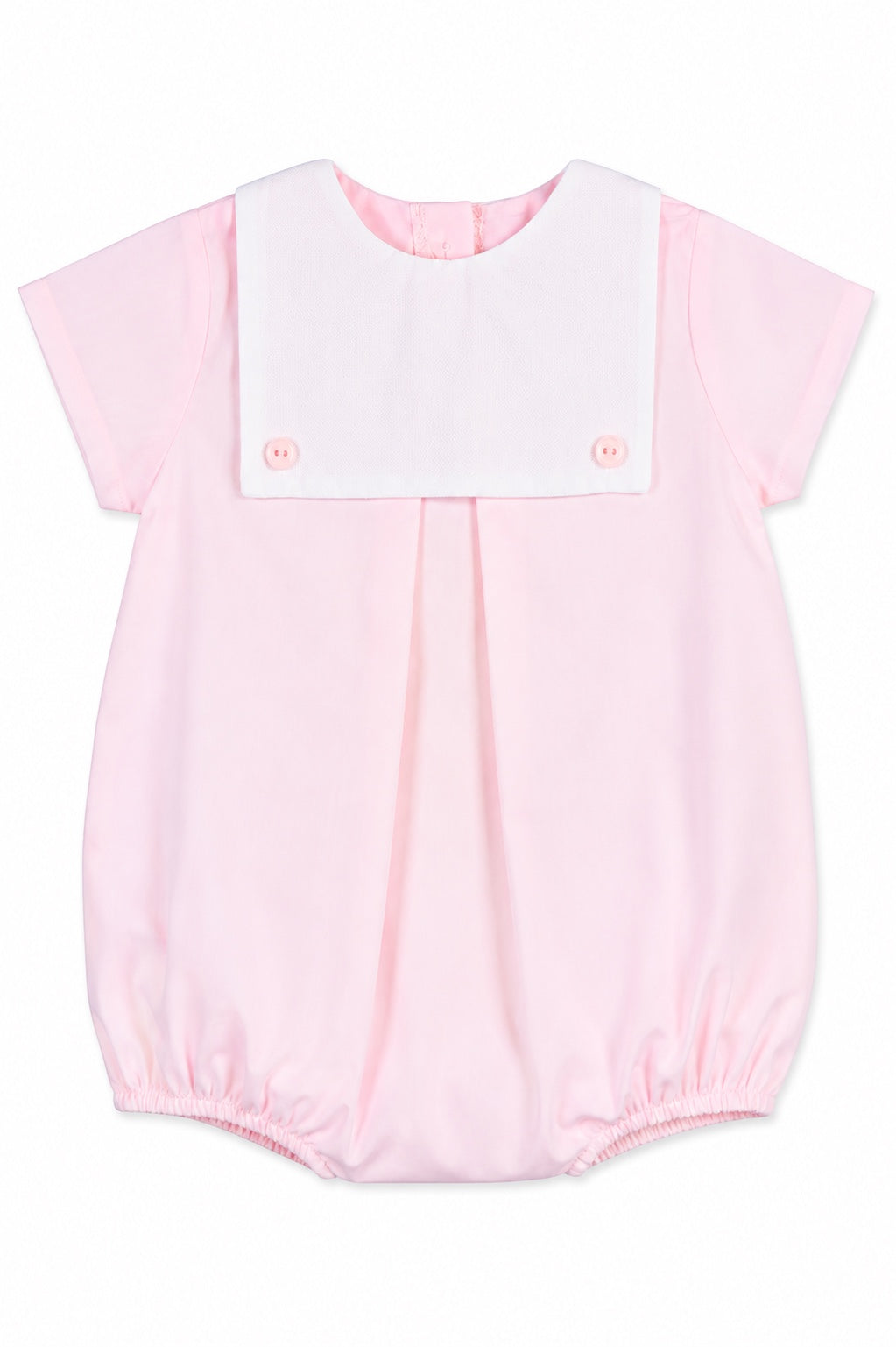 Carriage Boutique baby girl bubble romper in light pink cotton with a white button bib and short sleeves.
